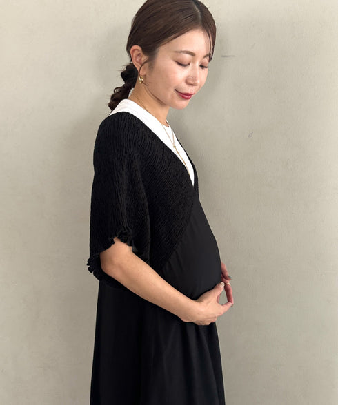 【マタニティ】産前・産後◎Vネックシャーリングロングワンピース Vネックデザインマタニティワンピース Vネックシャーリング楽々ワンピ サイドポケット付き■動画あり | MD2265052 | ブラック
