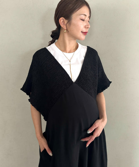 【マタニティ】産前・産後◎Vネックシャーリングロングワンピース Vネックデザインマタニティワンピース Vネックシャーリング楽々ワンピ サイドポケット付き■動画あり | MD2265052 | ブラック