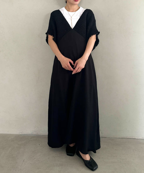 【マタニティ】産前・産後◎Vネックシャーリングロングワンピース Vネックデザインマタニティワンピース Vネックシャーリング楽々ワンピ サイドポケット付き■動画あり | MD2265052 | ブラック
