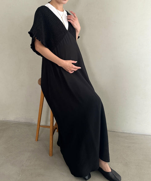 【マタニティ】産前・産後◎Vネックシャーリングロングワンピース Vネックデザインマタニティワンピース Vネックシャーリング楽々ワンピ サイドポケット付き■動画あり | MD2265052 | ブラック