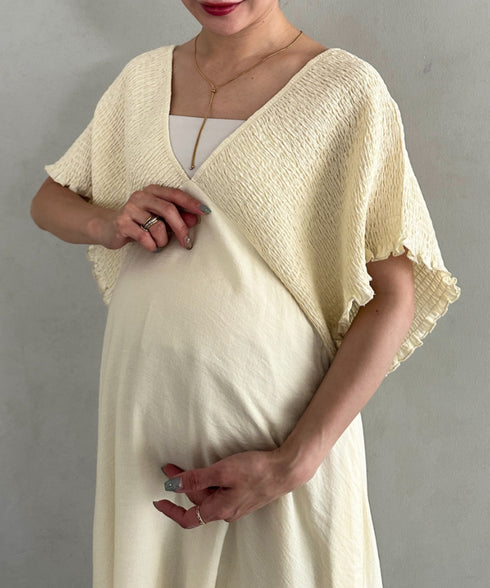 【マタニティ】産前・産後◎Vネックシャーリングロングワンピース Vネックデザインマタニティワンピース Vネックシャーリング楽々ワンピ サイドポケット付き■動画あり | MD2265052 | アイボリー