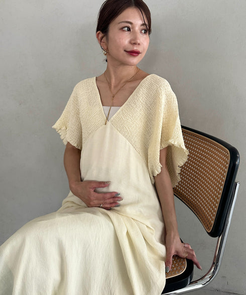 【マタニティ】産前・産後◎Vネックシャーリングロングワンピース Vネックデザインマタニティワンピース Vネックシャーリング楽々ワンピ サイドポケット付き■動画あり | MD2265052 | アイボリー
