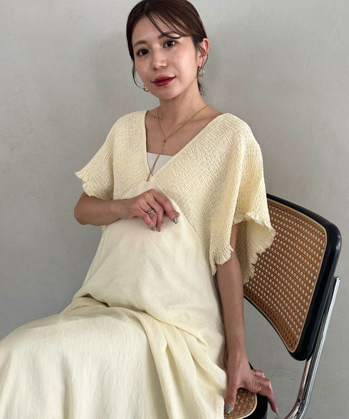 【マタニティ】産前・産後◎Vネックシャーリングロングワンピース Vネックデザインマタニティワンピース Vネックシャーリング楽々ワンピ サイドポケット付き■動画あり | MD2265052 | アイボリー
