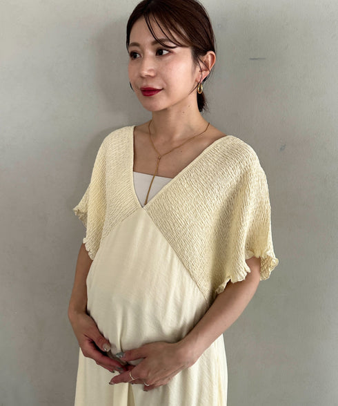 【マタニティ】産前・産後◎Vネックシャーリングロングワンピース Vネックデザインマタニティワンピース Vネックシャーリング楽々ワンピ サイドポケット付き■動画あり | MD2265052 | アイボリー