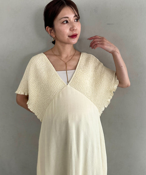 【マタニティ】産前・産後◎Vネックシャーリングロングワンピース Vネックデザインマタニティワンピース Vネックシャーリング楽々ワンピ サイドポケット付き■動画あり | MD2265052 | アイボリー