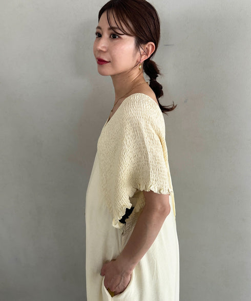 【マタニティ】産前・産後◎Vネックシャーリングロングワンピース Vネックデザインマタニティワンピース Vネックシャーリング楽々ワンピ サイドポケット付き■動画あり | MD2265052 | アイボリー