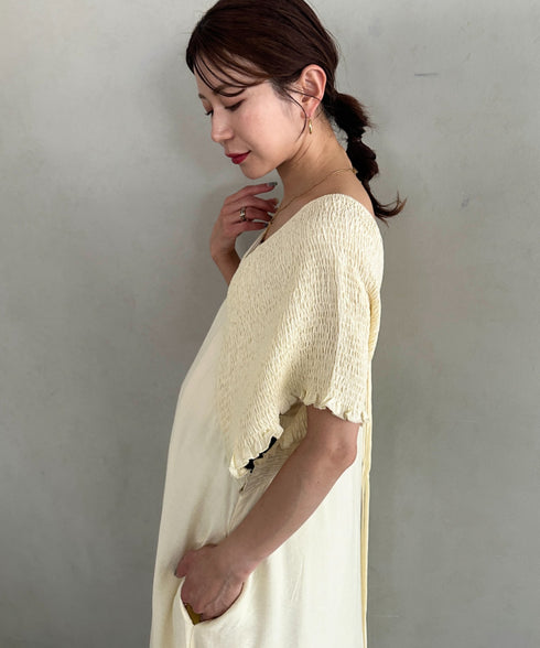 【マタニティ】産前・産後◎Vネックシャーリングロングワンピース Vネックデザインマタニティワンピース Vネックシャーリング楽々ワンピ サイドポケット付き■動画あり | MD2265052 | アイボリー
