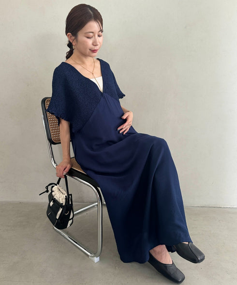 【マタニティ】産前・産後◎Vネックシャーリングロングワンピース Vネックデザインマタニティワンピース Vネックシャーリング楽々ワンピ サイドポケット付き■動画あり | MD2265052 | ネイビー
