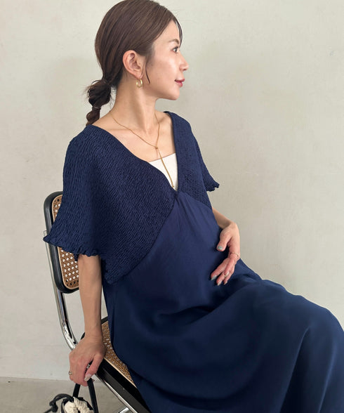 【マタニティ】産前・産後◎Vネックシャーリングロングワンピース Vネックデザインマタニティワンピース Vネックシャーリング楽々ワンピ サイドポケット付き■動画あり | MD2265052 | ネイビー