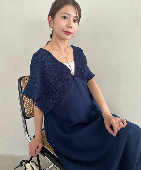 【マタニティ】産前・産後◎Vネックシャーリングロングワンピース Vネックデザインマタニティワンピース Vネックシャーリング楽々ワンピ サイドポケット付き■動画あり | MD2265052 | ネイビー
