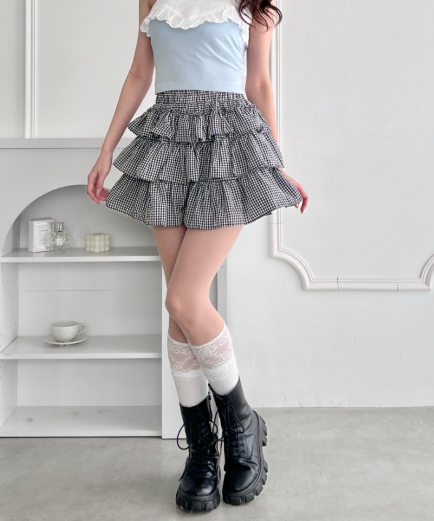 ゆみぞぅ☆ 様♡専用　プリンセススカート、作り帯 チェック＆無地】ティアードフリルミニスカート | LO2265058