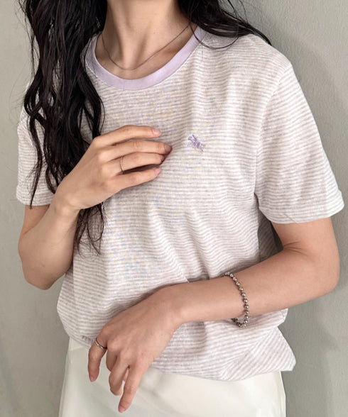 POLOCHAMPS(ポロチャンプス)/ ワンポイント刺繍 クルーネック半袖Tシャツ ボーダー/刺繍Tシャツ | IM2262028 | パープル