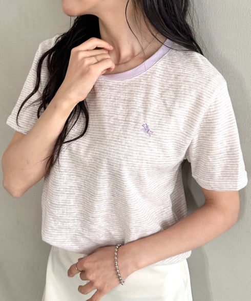 POLOCHAMPS(ポロチャンプス)/ ワンポイント刺繍 クルーネック半袖Tシャツ ボーダー/刺繍Tシャツ | IM2262028 | パープル