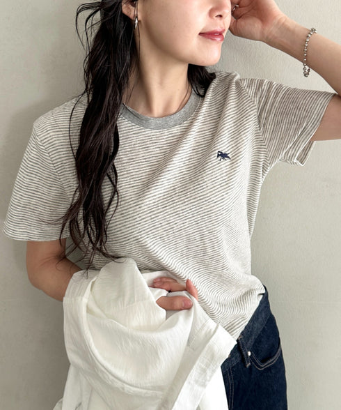 POLOCHAMPS(ポロチャンプス)/ ワンポイント刺繍 クルーネック半袖Tシャツ ボーダー/刺繍Tシャツ | IM2262028 | グレー