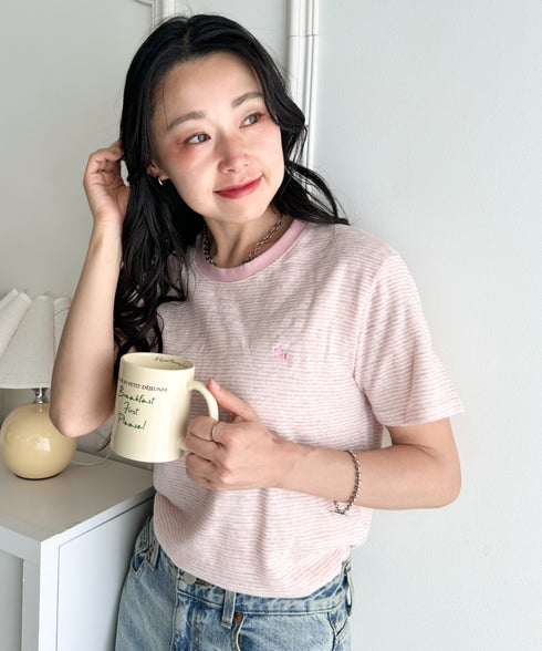 POLOCHAMPS(ポロチャンプス)/ ワンポイント刺繍 クルーネック半袖Tシャツ ボーダー/刺繍Tシャツ | IM2262028 | ピンク
