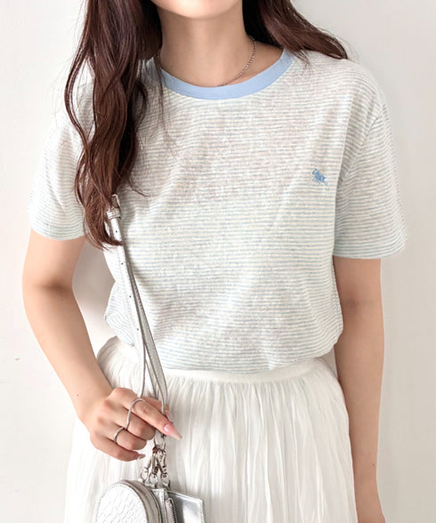 POLOCHAMPS(ポロチャンプス)/ ワンポイント刺繍 クルーネック半袖Tシャツ ボーダー/刺繍Tシャツ | IM2262028 | サックスブルー