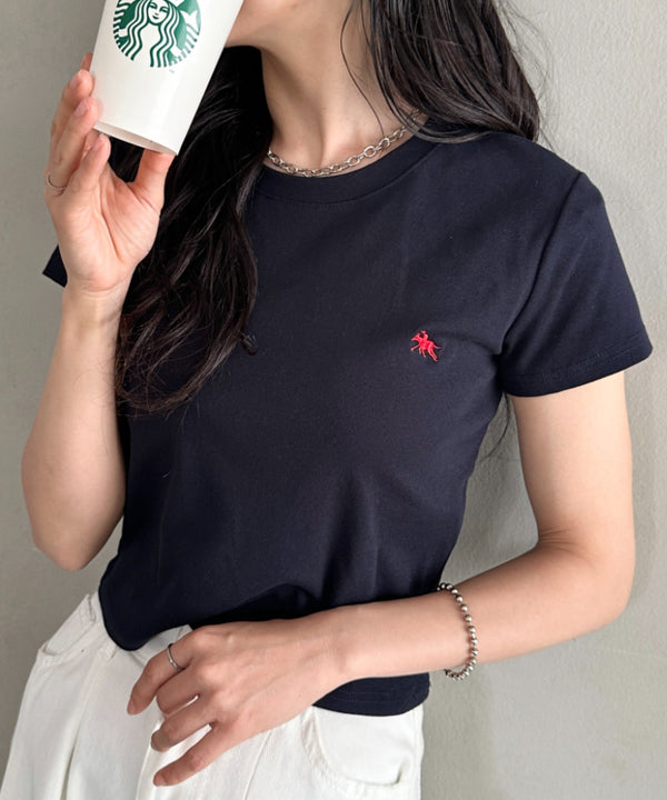 POLOCHAMPS(ポロチャンプス)/無地 ワンポイント刺繍 クロップド丈 短丈 クルーネック/カラー刺繍Tシャツ | IM2262031 | ネイビー