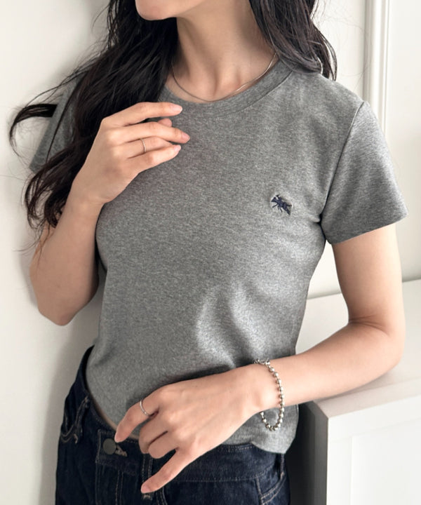POLOCHAMPS(ポロチャンプス)/無地 ワンポイント刺繍 クロップド丈 短丈 クルーネック/カラー刺繍Tシャツ | IM2262031 | ダークグレー