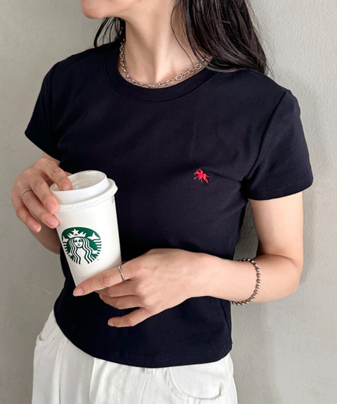 POLOCHAMPS(ポロチャンプス)/無地 ワンポイント刺繍 クロップド丈 短丈 クルーネック/カラー刺繍Tシャツ | IM2262031 | ネイビー