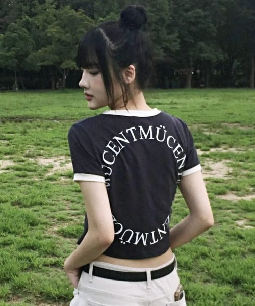 MUCENT(ムセント)/バックロゴ 配色 リングカラー クロップド 半袖 Tシャツ/RINGER HALF T | AT2262043 | ネイビー