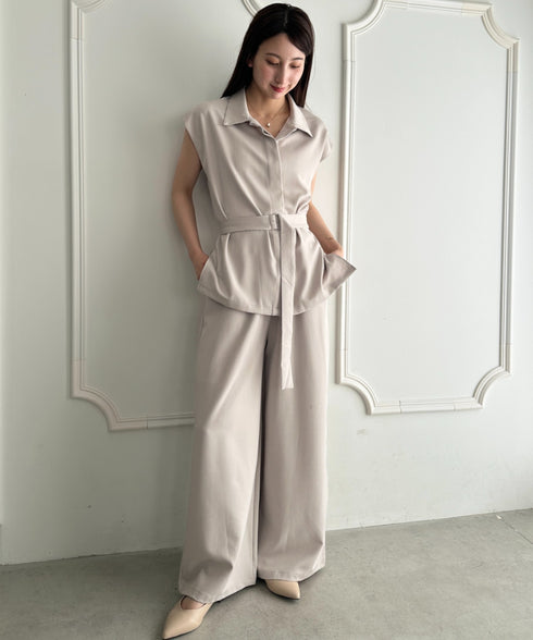 ウエスト切り替えベルト付きワイドシルエットベスト×ワイドパンツセットアップ 2点SET | MD2265075 | ベージュ