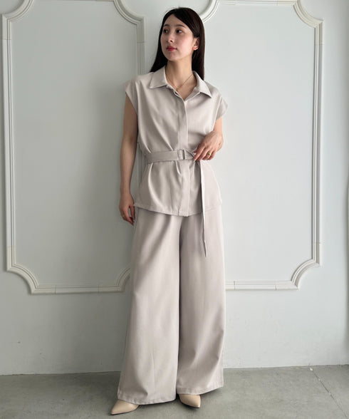 ウエスト切り替えベルト付きワイドシルエットベスト×ワイドパンツセットアップ 2点SET | MD2265075 | ベージュ