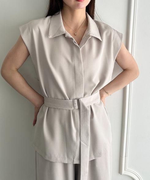 ウエスト切り替えベルト付きワイドシルエットベスト×ワイドパンツセットアップ 2点SET | MD2265075 | ベージュ