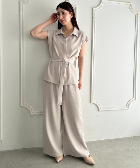 ウエスト切り替えベルト付きワイドシルエットベスト×ワイドパンツセットアップ 2点SET | MD2265075 | ベージュ