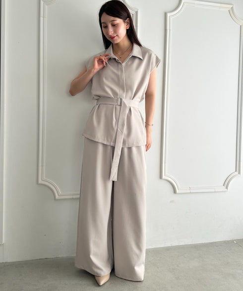 ウエスト切り替えベルト付きワイドシルエットベスト×ワイドパンツセットアップ 2点SET | MD2265075 | ベージュ