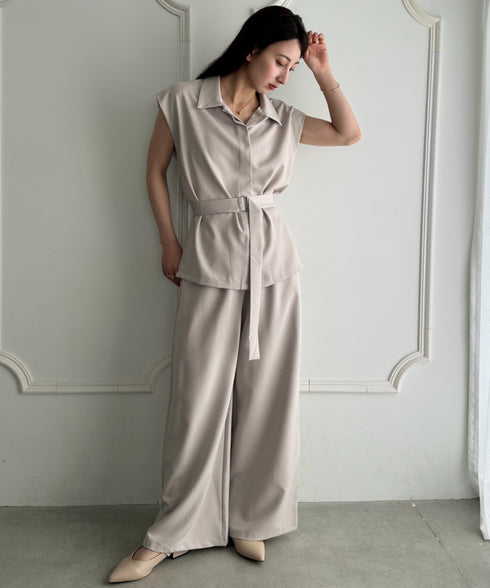 ウエスト切り替えベルト付きワイドシルエットベスト×ワイドパンツセットアップ 2点SET | MD2265075 | ベージュ