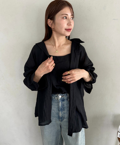 【ナチュラル × 軽やか】シャツ、タンクトップ２点セット晩夏向け冷房・日焼け防止におすすめ | MD2265081 | ブラック