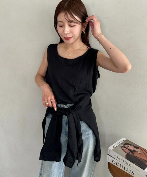 【ナチュラル × 軽やか】シャツ、タンクトップ２点セット晩夏向け冷房・日焼け防止におすすめ | MD2265081 | ブラック