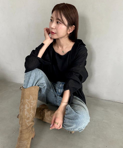 【ナチュラル × 軽やか】シャツ、タンクトップ２点セット晩夏向け冷房・日焼け防止におすすめ | MD2265081 | ブラック