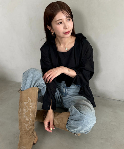 【ナチュラル × 軽やか】シャツ、タンクトップ２点セット晩夏向け冷房・日焼け防止におすすめ | MD2265081 | ブラック