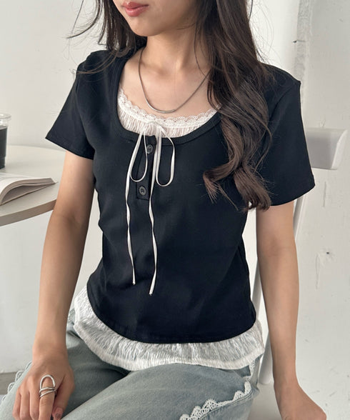 レイヤード風レースリボントップス | CL2262029 | ブラック