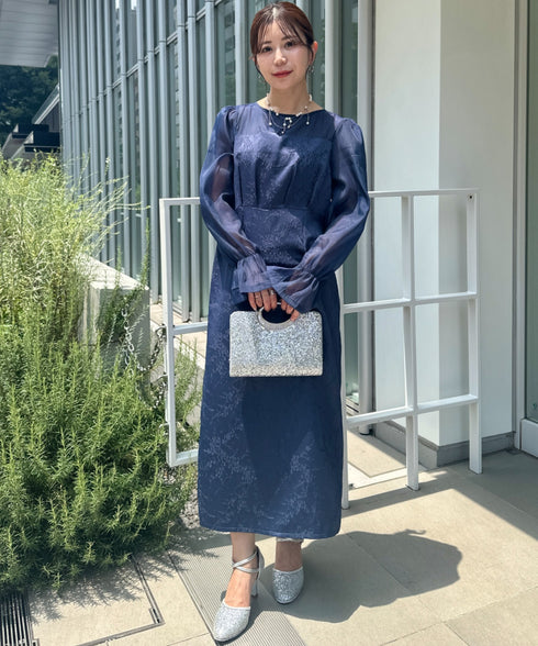ジャガードシアースリーブロングドレス ロングワンピース パーティードレス 結婚式 お呼ばれ オケージョンドレス | MD2265115 | ネイビー