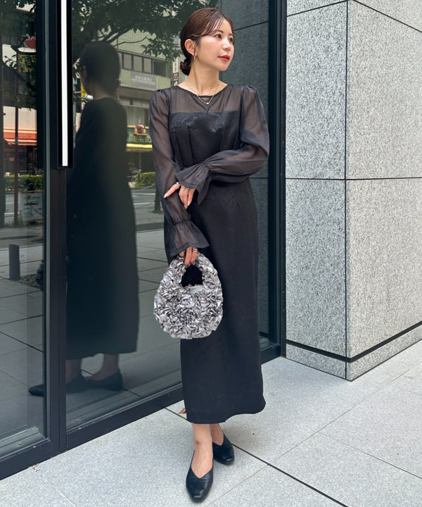 ジャガードシアースリーブロングドレス ロングワンピース パーティードレス 結婚式 お呼ばれ オケージョンドレス | MD2265115 | ブラック