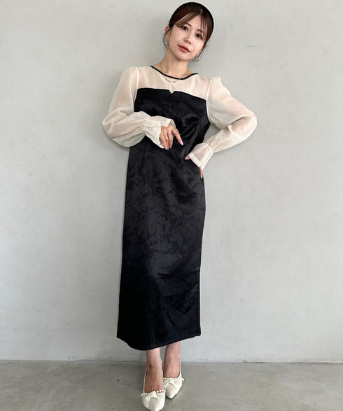 ジャガードシアースリーブロングドレス ロングワンピース パーティードレス 結婚式 お呼ばれ オケージョンドレス | MD2265115 | ブラック系その他