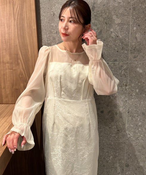 ジャガードシアースリーブロングドレス ロングワンピース パーティードレス 結婚式 お呼ばれ オケージョンドレス | MD2265115 | アイボリー