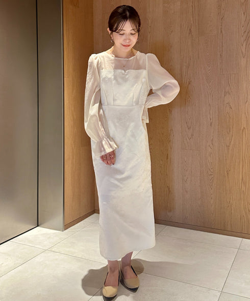 ジャガードシアースリーブロングドレス ロングワンピース パーティードレス 結婚式 お呼ばれ オケージョンドレス | MD2265115 | アイボリー