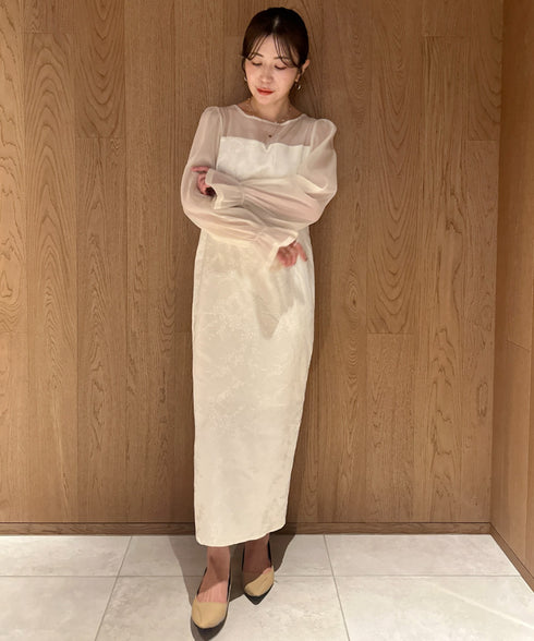ジャガードシアースリーブロングドレス ロングワンピース パーティードレス 結婚式 お呼ばれ オケージョンドレス | MD2265115 | アイボリー