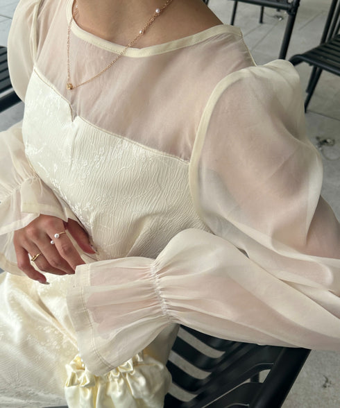 ジャガードシアースリーブロングドレス ロングワンピース パーティードレス 結婚式 お呼ばれ オケージョンドレス | MD2265115 | アイボリー