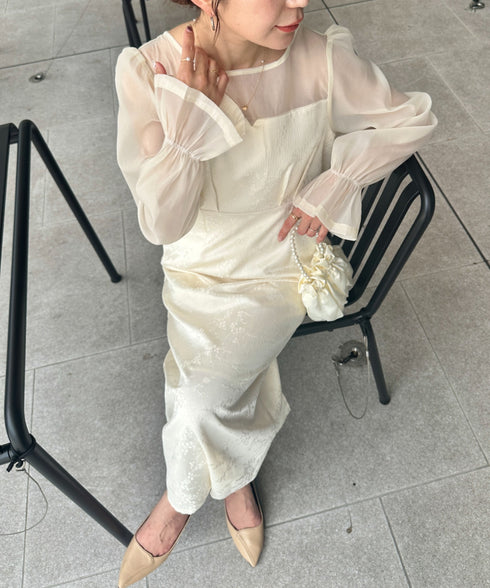 ジャガードシアースリーブロングドレス ロングワンピース パーティードレス 結婚式 お呼ばれ オケージョンドレス | MD2265115 | アイボリー