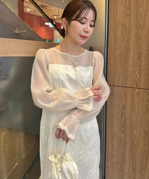 ジャガードシアースリーブロングドレス ロングワンピース パーティードレス 結婚式 お呼ばれ オケージョンドレス | MD2265115 | アイボリー