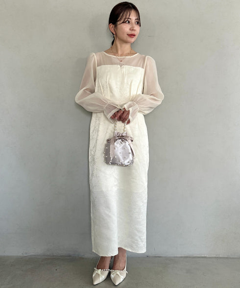 ジャガードシアースリーブロングドレス ロングワンピース パーティードレス 結婚式 お呼ばれ オケージョンドレス | MD2265115 | アイボリー