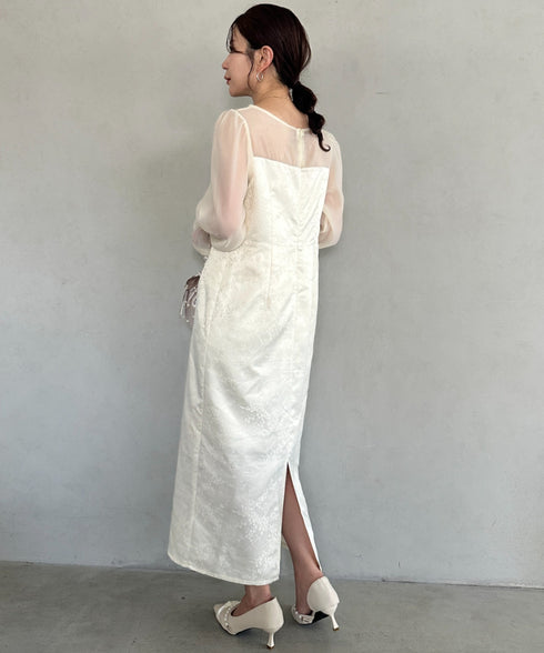ジャガードシアースリーブロングドレス ロングワンピース パーティードレス 結婚式 お呼ばれ オケージョンドレス | MD2265115 | アイボリー