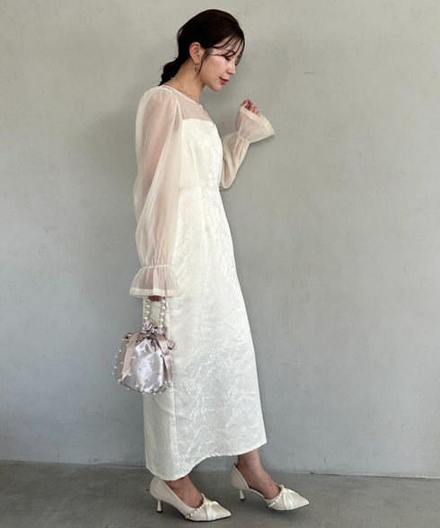 ジャガードシアースリーブロングドレス ロングワンピース パーティードレス 結婚式 お呼ばれ オケージョンドレス | MD2265115 | アイボリー