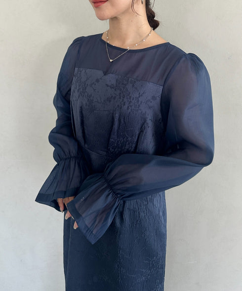 ジャガードシアースリーブロングドレス ロングワンピース パーティードレス 結婚式 お呼ばれ オケージョンドレス | MD2265115 | ネイビー