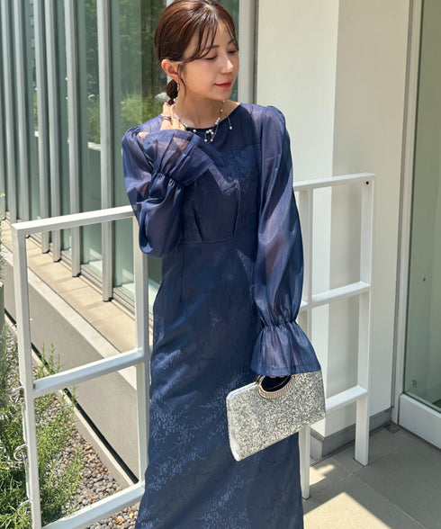 ジャガードシアースリーブロングドレス ロングワンピース パーティードレス 結婚式 お呼ばれ オケージョンドレス | MD2265115 | ネイビー