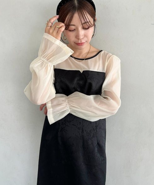 ジャガードシアースリーブロングドレス ロングワンピース パーティードレス 結婚式 お呼ばれ オケージョンドレス | MD2265115 | ブラック系その他